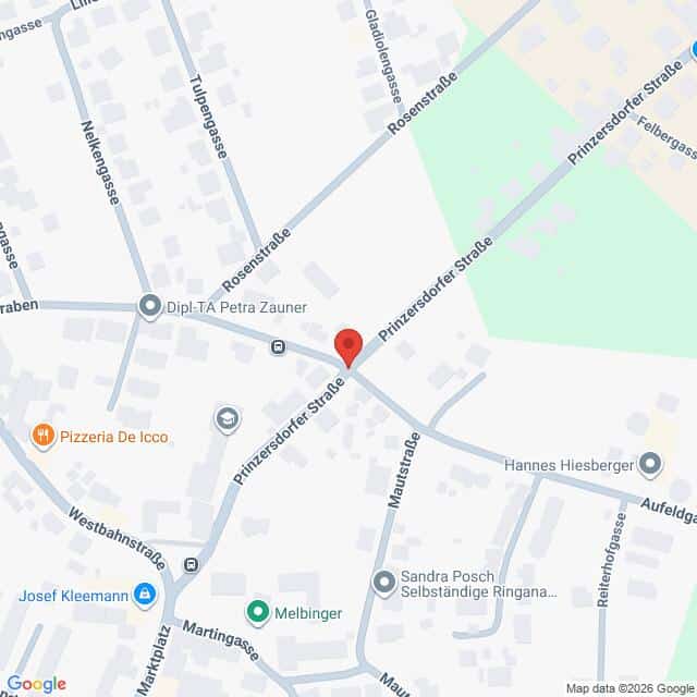 Lehrlingsportal.at Karte, die einen Abschnitt der Pfinzersdorfer Straße in einer Kleinstadt zeigt, auf der nahegelegene Geschäfte und Straßen beschriftet sind, darunter die Rosenstraße und die Westbahnstraße.