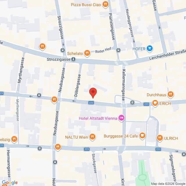 Lehrlingsportal.at Karte, die einen Ausschnitt von Wien, Österreich, zeigt, mit beschrifteten Straßen und Geschäften sowie einer roten Standortmarkierung in der Nähe der Kreuzung von Burggasse und Neubaugasse.