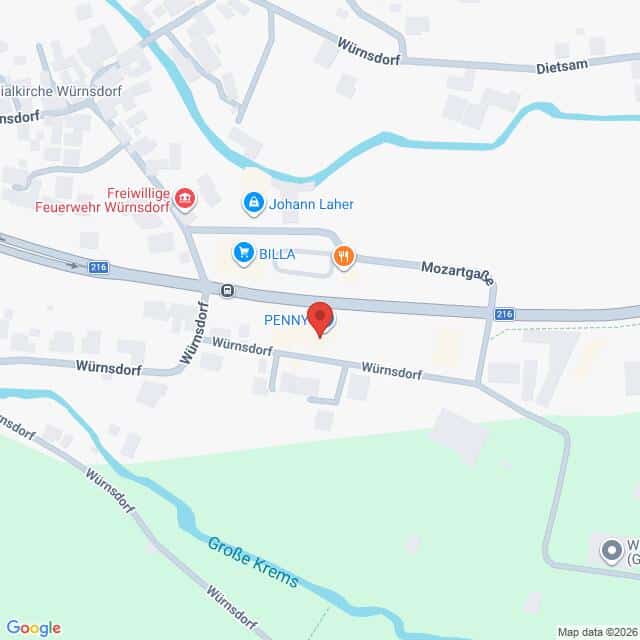 Lehrlingsportal.at Karte mit der Lage eines PENNY-Supermarkts in Würnsdorf, Österreich, in der Nähe von BILLA, Johann Laher und der Freiwilligen Feuerwehr Würnsdorf, mit den umliegenden Straßen und dem Fluss Große Krems.