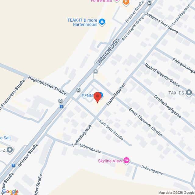 Lehrlingsportal.at Digitale Karte, auf der sich kreuzende Straßen einschließlich der Brunnenstraße und der Ludmillastraße zu sehen sind, mit einer blauen Markierung mit der Aufschrift „PENN“ in der Nähe der Mitte. Auch die Namen der umliegenden Straßen sind zu erkennen.
