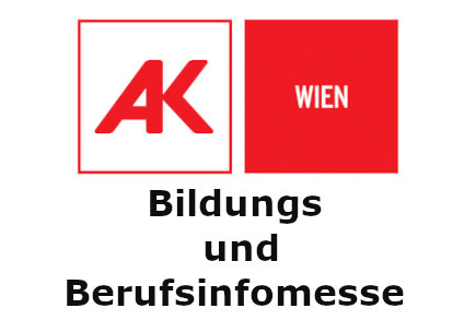 Lehrlingsportal.at Logo mit den Buchstaben „AK“ und „WIEN“ in roten Quadraten über dem deutschen Text „Bildungs- und Berufsinfomesse“, der auf eine Bildungs- und Berufsinformationsmesse in Wien hinweist.