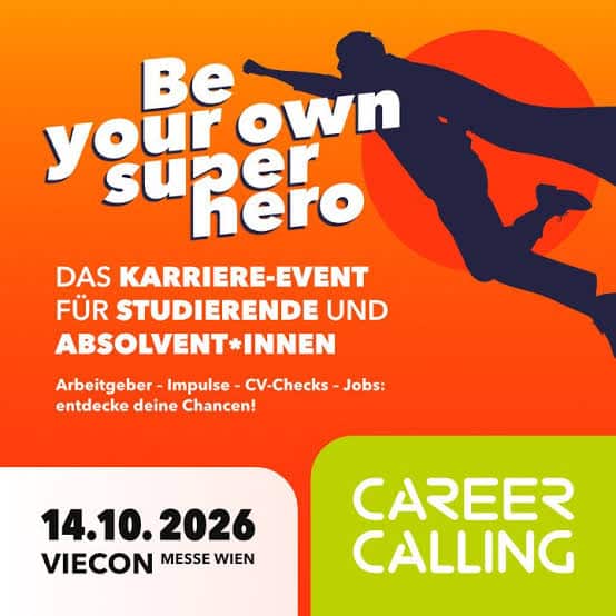 Lehrlingsportal.at Orange-gelbes Plakat für eine Karrieremesse mit dem Text „Sei dein eigener Superheld“, Veranstaltungsdetails und der Silhouette einer springenden Person mit Umhang. Datum: 14.10.2026, Veranstaltungsort: VIECON Messe Wien.