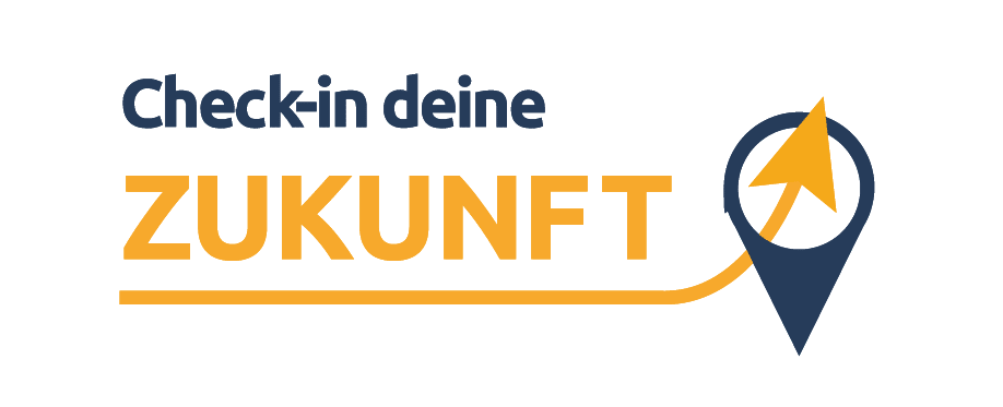 Lehrlingsportal.at Der deutsche Text lautet „Check-in deine ZUKUNFT“ und befindet sich neben einer Standortmarkierung mit einem Pfeil darin, der die Richtung oder Navigation in die Zukunft symbolisiert.