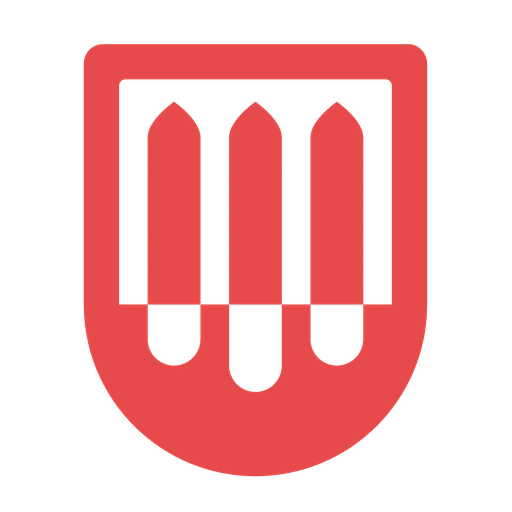 Lehrlingsportal.at Rotes und weißes, schildförmiges Emblem mit drei vertikalen, spitzen Balken, wobei der mittlere Balken weiter nach unten reicht als die anderen.