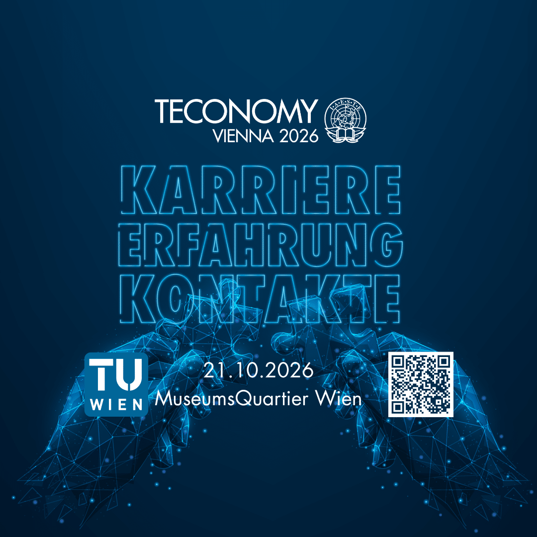 Lehrlingsportal.at Veranstaltungsplakat für die TECONOMY Wien 2026 mit blauen digitalen Händen, Veranstaltungsdetails, QR-Code und den Worten „Karriere, Erfahrung, Kontakte“. Veranstaltungstermin: 21.10.2026 im MuseumsQuartier Wien, TU Wien.