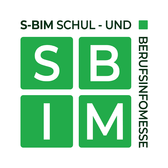 Lehrlingsportal.at Grün-weißes Logo mit dem Schriftzug „S-BIM SCHUL- UND BERUFSINFOMESSE“ und vier grünen Quadraten, die die Buchstaben S, B, I und M enthalten.