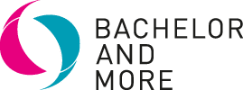 Lehrlingsportal.at Das „Bachelor and More“-Logo mit einem abstrakten, kreisförmigen Motiv in Rosa und Blaugrün links neben dem Schriftzug „Bachelor and More“ in Großbuchstaben.