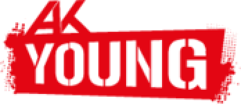 Lehrlingsportal.at Rotes Logo mit den Buchstaben „AK“ über dem fettgedruckten, weißen Wort „YOUNG“ auf einem roten, unregelmäßigen rechteckigen Hintergrund.