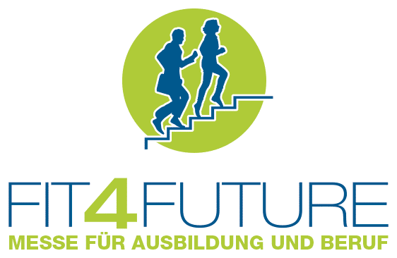 Lehrlingsportal.at Logo mit zwei blauen Figuren, die innerhalb eines grünen Kreises eine Treppe hinaufgehen. Darunter steht der Text „FIT4FUTURE MESSE FÜR AUSBILDUNG UND BERUF“.