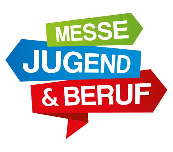 Lehrlingsportal.at Logo mit drei Pfeilen, auf denen in Grün „MESSE“, in Blau „JUGEND“ und in Rot „& BERUF“ steht, als Symbol für eine Jugend- und Karrieremesse.