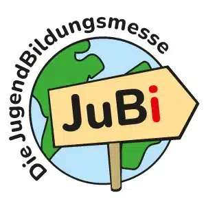 Lehrlingsportal.at Logo mit einem Globus im Hintergrund und der Aufschrift „JuBi“. Um den Globus herum steht „Die JugendBildungsmesse“.