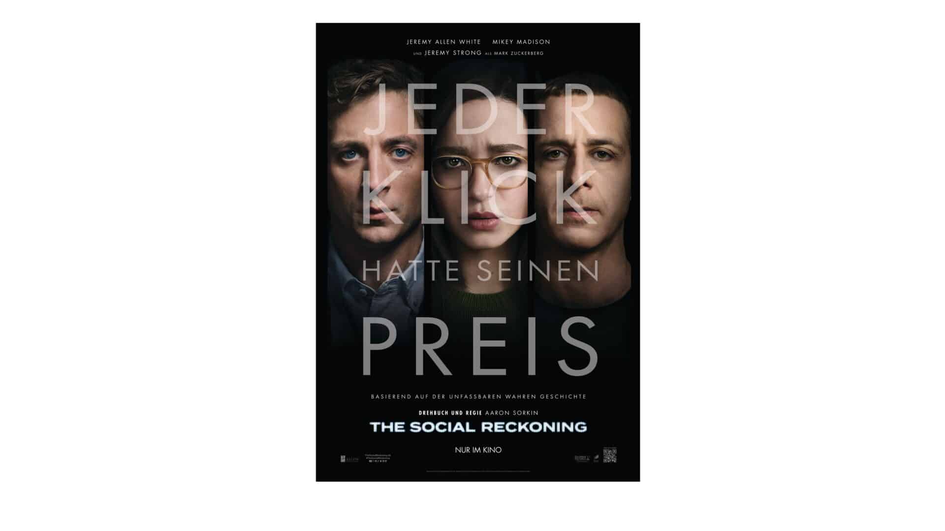 Lehrlingsportal.at Deutsches Plakat für „The Social Reckoning“, auf dem drei Personen mit ernsten Gesichtern zu sehen sind, über deren Gesichter weißer Text gelegt ist.