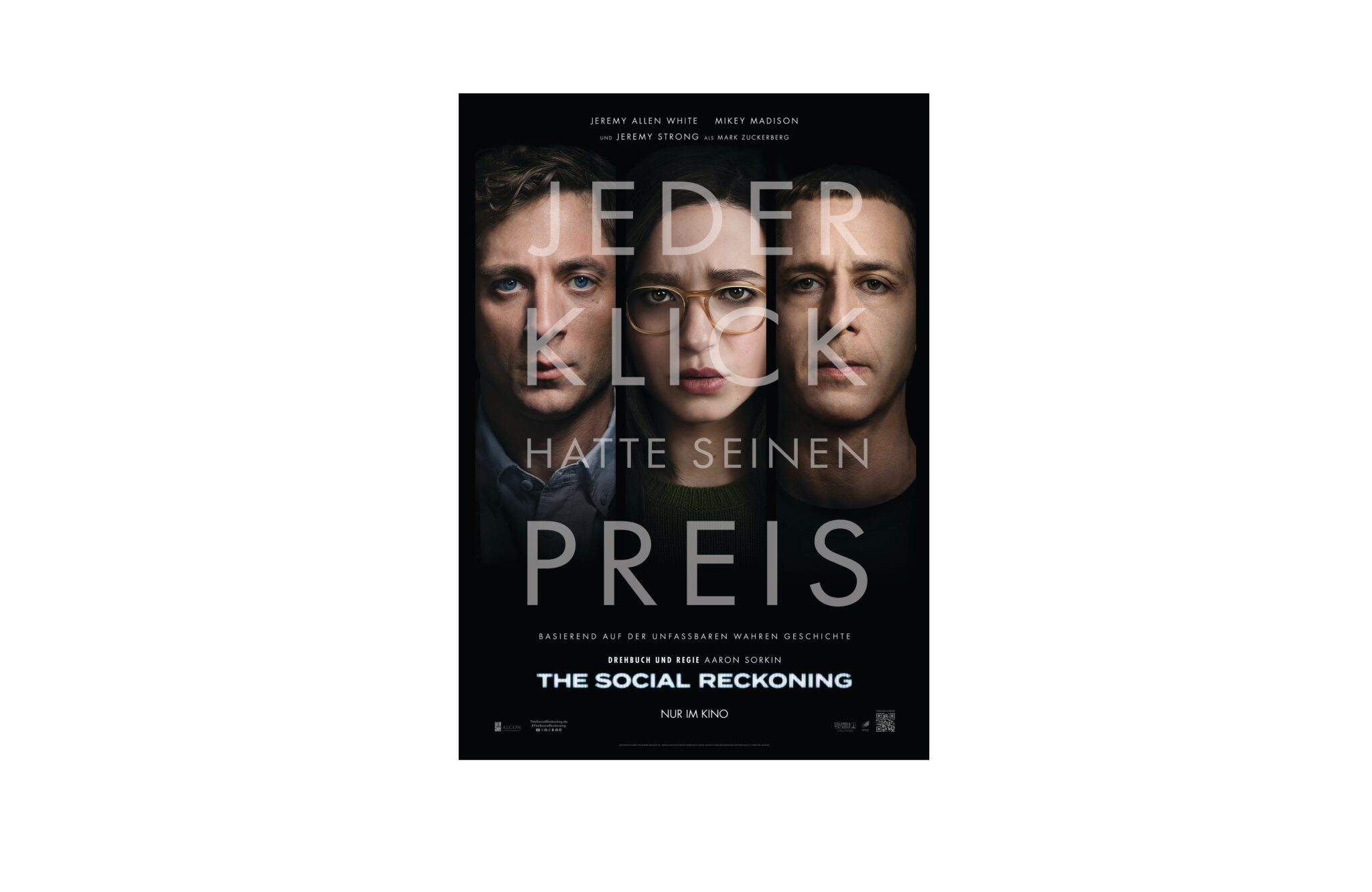 Lehrlingsportal.at Deutsches Plakat für „The Social Reckoning“, auf dem drei Personen mit ernsten Gesichtern zu sehen sind, über deren Gesichter weißer Text gelegt ist.