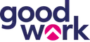 Lehrlingsportal.at Das Bild zeigt die Wörter „good work“ in blauen Kleinbuchstaben, wobei ein rosa Aufwärtspfeil das „o“ in „work“ ersetzt.
