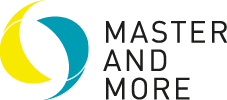 Lehrlingsportal.at Das „Master and More“-Logo mit zwei Halbmondformen – einer in Gelb und einer in Blaugrün –, die links neben dem Text „MASTER AND MORE“ in fetten Großbuchstaben ein kreisförmiges Motiv bilden.