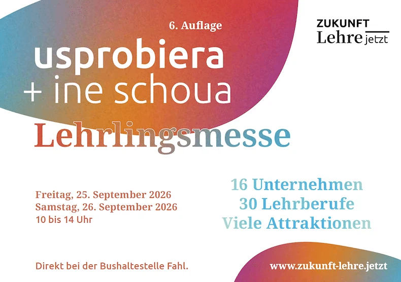 Lehrlingsportal.at Werbeflyer für eine Ausbildungsmesse 2026 mit Angaben zu Terminen, Uhrzeiten, 16 Unternehmen, 30 Ausbildungsplätzen, Attraktionen und der Website; die Veranstaltung findet in der Nähe der Bushaltestelle Fahl statt.