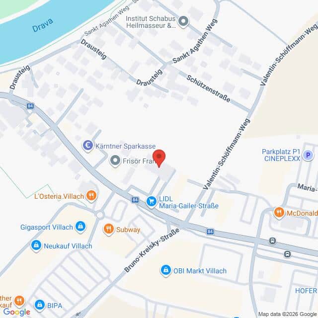 Lehrlingsportal.at Karte, auf der ein zentraler Ort an der Maria-Gailer-Straße in Villach, Österreich, mit einer roten Stecknadel markiert ist und auf der nahegelegene Geschäfte, Straßen und Sehenswürdigkeiten beschriftet sind.