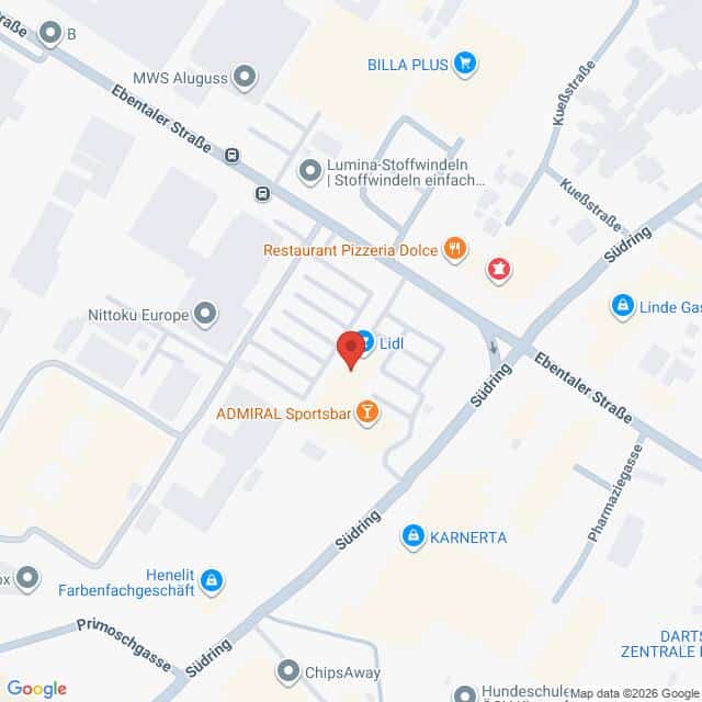 Lehrlingsportal.at Eine Karte, auf der der Standort einer Lidl-Filiale mit einer roten Stecknadel markiert ist, umgeben von nahegelegenen Geschäften und Straßen in einem Gewerbegebiet.