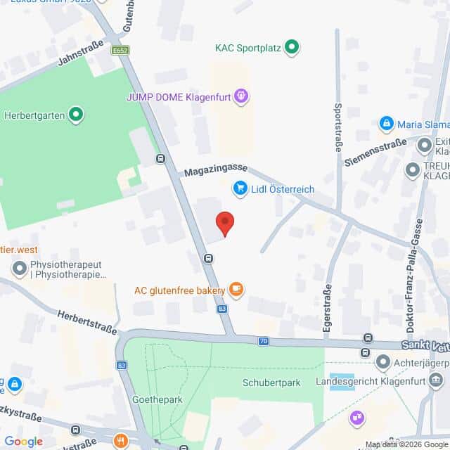 Lehrlingsportal.at Karte mit dem Standort von Lidl Österreich in Klagenfurt, Österreich, in der Nähe der Magazingasse, des Eggersteigs und von Sehenswürdigkeiten wie dem Goethepark und der Bäckerei „AC glutenfree“.