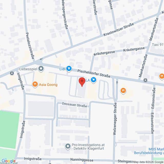 Lehrlingsportal.at Karte der Umgebung der Pischeldorfer Straße in Klagenfurt, Österreich, mit markanten Orten wie Lidl, Asia Goong und den umliegenden Straßen.