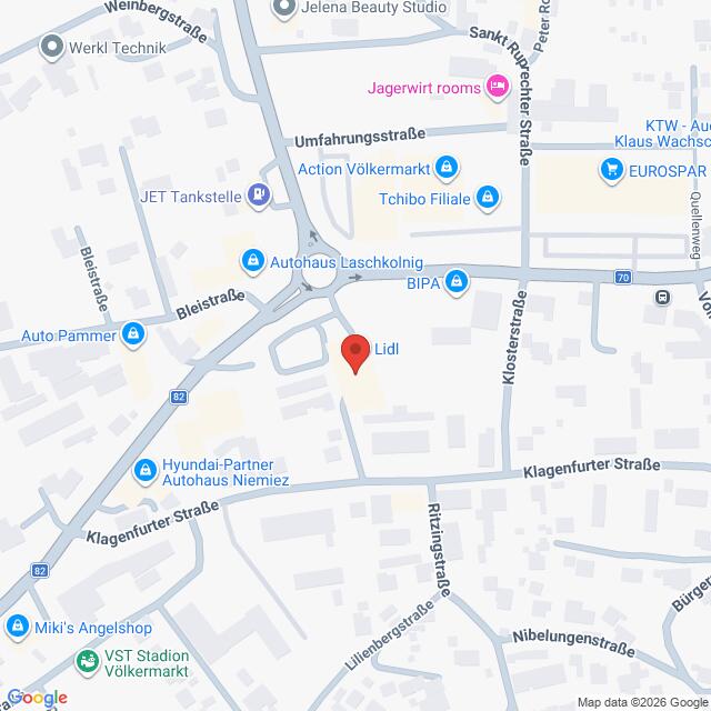 Lehrlingsportal.at Karte, auf der der Standort einer Lidl-Filiale an der Kreuzung von Bleistraße und Klagenfurter Straße in Völkermarkt, Österreich, dargestellt ist, wobei nahegelegene Geschäfte und Straßen beschriftet sind.