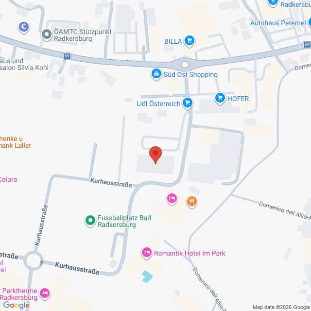 Lehrlingsportal.at Karte mit einem markierten Standort an der Kurhausstraße in Bad Radkersburg, Österreich, in der Nähe von Geschäften, einem Hotel und einem Sportplatz. Die umliegenden Straßen und Geschäfte sind beschriftet.