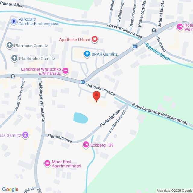 Lehrlingsportal.at Eine Karte, auf der die Umgebung der Ratscherstraße in Gamlitz, Österreich, mit den dort ansässigen Geschäften, Hotels und Sehenswürdigkeiten eingezeichnet ist.