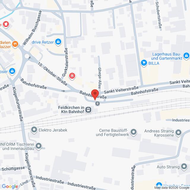 Lehrlingsportal.at Karte der Umgebung des Bahnhofs Feldkirchen in Kärnten mit den in der Nähe gelegenen Straßen und Geschäften.