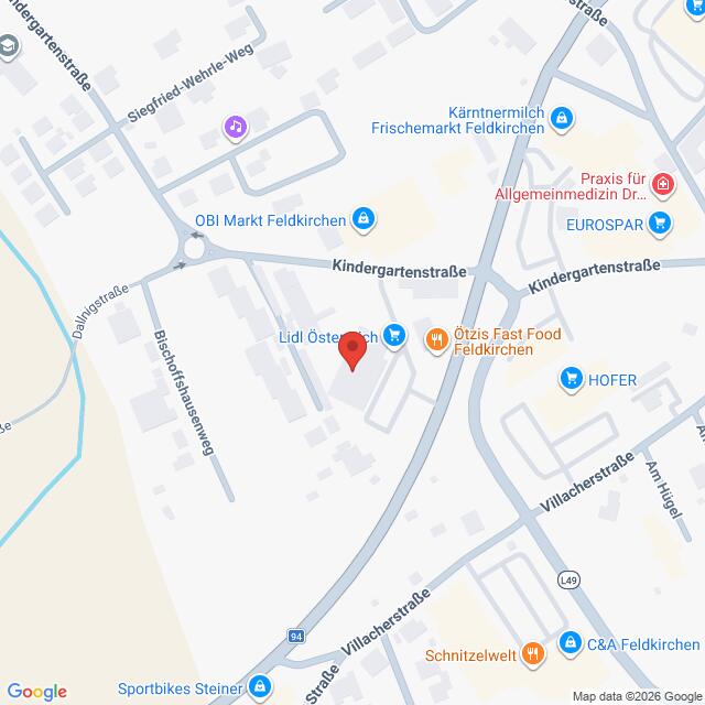 Lehrlingsportal.at Karte, die einen Ausschnitt aus Feldkirchen (Österreich) zeigt, mit Markierungen für Geschäfte wie Lidl, HOFER, EUROSPAR und OBI Markt sowie Straßenbezeichnungen wie Kindergartenstraße und Villacherstraße.