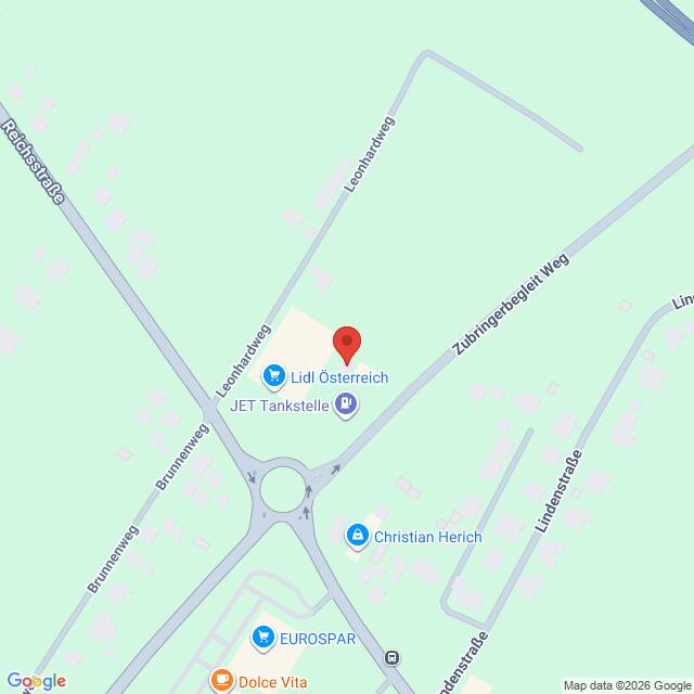 Lehrlingsportal.at Karte mit einem markierten Standort in der Nähe von Lidl Österreich und der JET-Tankstelle sowie den umliegenden Straßen, darunter der Leonhardweg, der Zubringerbreiteneggi-Weg und die Lindenstraße.
