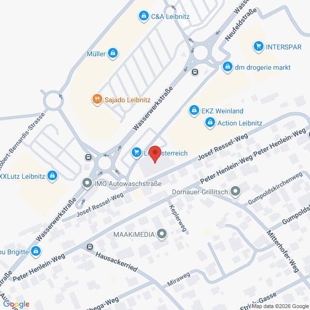 Lehrlingsportal.at Ein detaillierter Stadtplan eines Stadtteils von Leibnitz in Österreich mit Straßen, Geschäften und Sehenswürdigkeiten, darunter der Josef-Ressel-Weg und die Wasserwerkstraße.