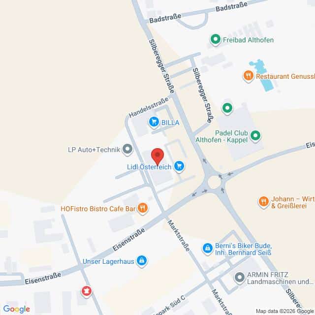 Lehrlingsportal.at Karte mit der Lage von Lidl Österreich in der Silbergasse in Althofen, Österreich, auf der nahegelegene Geschäfte, Straßen und Sehenswürdigkeiten eingezeichnet sind.