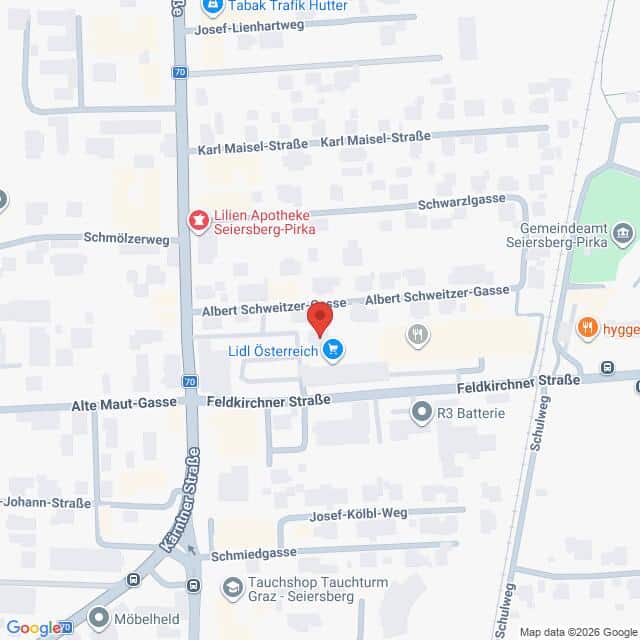 Lehrlingsportal.at Karte mit der Lage von Lidl Österreich in der Albert-Schweitzer-Gasse, nahe der Feldkirchner Straße, in Seiersberg-Pirka, Österreich, mit Beschriftung der umliegenden Straßen und Sehenswürdigkeiten.