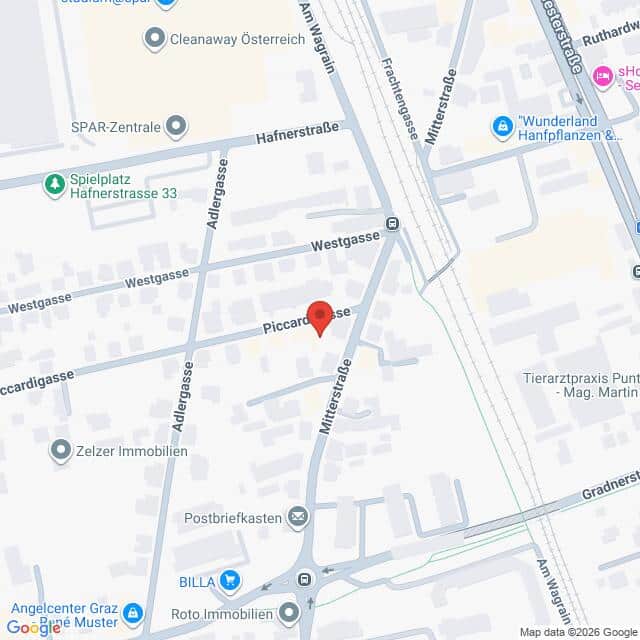 Lehrlingsportal.at Karte mit der Lage der Piccardgasse in Graz, Österreich, auf der benachbarte Straßen und Sehenswürdigkeiten eingezeichnet sind. Eine rote Markierung zeigt eine bestimmte Stelle in der Piccardgasse an.