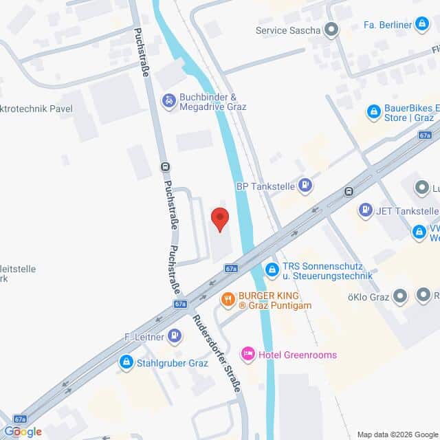 Lehrlingsportal.at Eine digitale Karte zeigt einen Ausschnitt aus Graz in Österreich, auf dem Geschäfte, Straßen und ein Kanal zu sehen sind; eine rote Ortsmarkierung kennzeichnet eine Adresse in der Puchstraße in der Nähe der Rudersdorfer Straße.