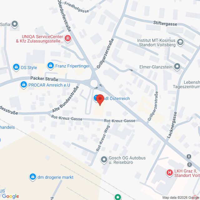 Lehrlingsportal.at Karte, auf der ein Standort bei Aldi Österreich in Voitsberg, Österreich, mit einer roten Stecknadel markiert ist, umgeben von Straßen und nahegelegenen Geschäften.