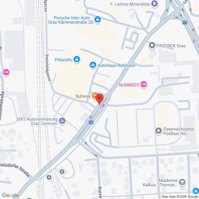Lehrlingsportal.at Karte, die einen Ausschnitt von Graz (Österreich) zeigt und Standorte wie Subway, NUMBR25 und Autohaus Robinson in der Nähe einer Hauptstraße sowie umliegende Geschäfte und Straßen hervorhebt.
