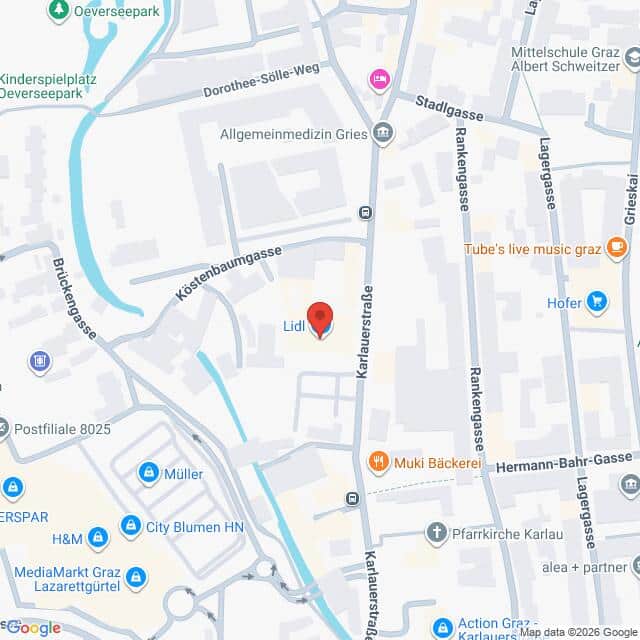 Lehrlingsportal.at Karte mit der Lage des Lidl-Marktes in der Karlauerstraße in Graz, Österreich, auf der die umliegenden Straßen, Geschäfte und Sehenswürdigkeiten eingezeichnet sind.