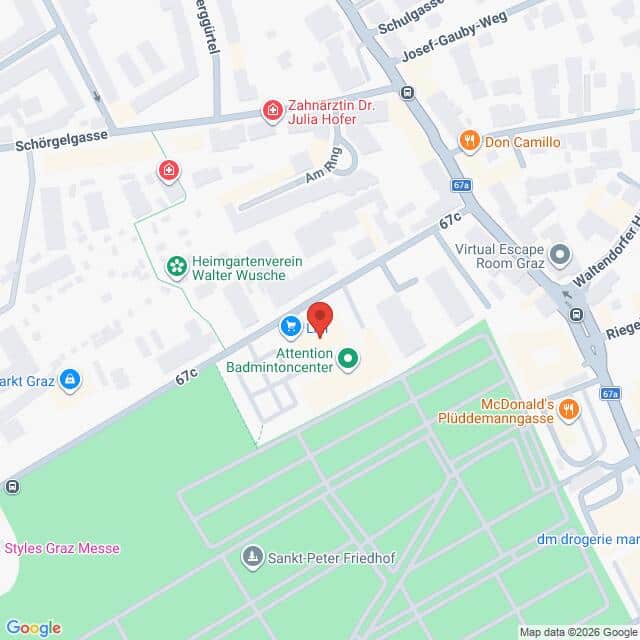 Lehrlingsportal.at Eine digitale Karte zeigt Orte in der Nähe des Attention Badmintoncenters in Graz, Österreich, an und hebt dabei nahegelegene Straßen, Geschäfte und Sehenswürdigkeiten hervor.