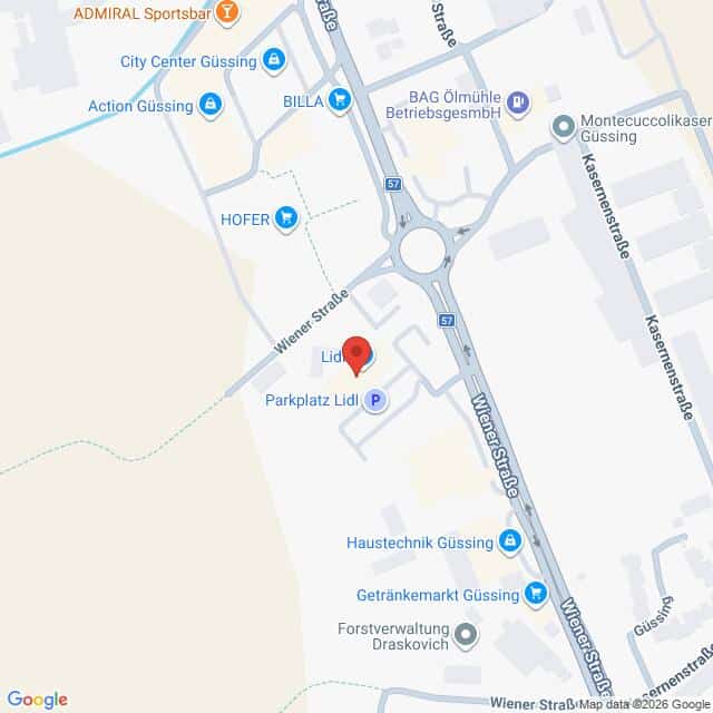 Lehrlingsportal.at Karte mit der Lage einer Lidl-Filiale in Güssing, Österreich, in der Nähe der Wiener Straße, auf der umliegende Geschäfte und Parkmöglichkeiten eingezeichnet sind.