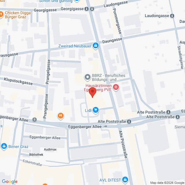 Lehrlingsportal.at Karte, die einen Ausschnitt aus Graz (Österreich) zeigt, mit dem Lidl-Supermarkt im Mittelpunkt und den umliegenden Straßen, Geschäften und Sehenswürdigkeiten beschriftet.