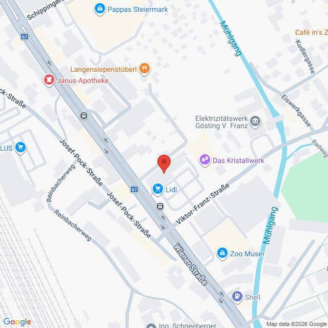 Lehrlingsportal.at Karte der Umgebung der Josef-Pock-Straße, auf der Sehenswürdigkeiten wie Lidl, die Janus-Apotheke, „Das Kristallwerk“ und der Zoo Muser in der Nähe eingezeichnet sind.