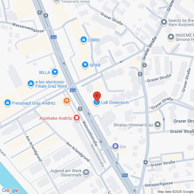 Lehrlingsportal.at Karte mit der Lage von Lidl Österreich in Graz, Österreich, auf der nahegelegene Geschäfte und Straßen eingezeichnet sind.