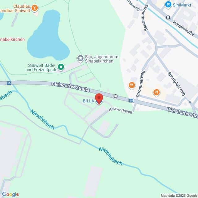 Lehrlingsportal.at Karte mit dem BILLA-Supermarkt an der Gleisdorfer Straße in der Nähe von Nitschabach, einem Teich sowie verschiedenen Geschäften und Straßen in der Umgebung in Sinabelkirchen, Österreich.