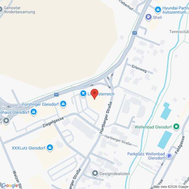 Lehrlingsportal.at Karte mit einer Markierung an der Hartberger Straße in Gleisdorf, Österreich, auf der nahegelegene Straßen, Geschäfte und Sehenswürdigkeiten eingezeichnet sind, darunter eine Shell-Tankstelle und XXXLutz Gleisdorf.