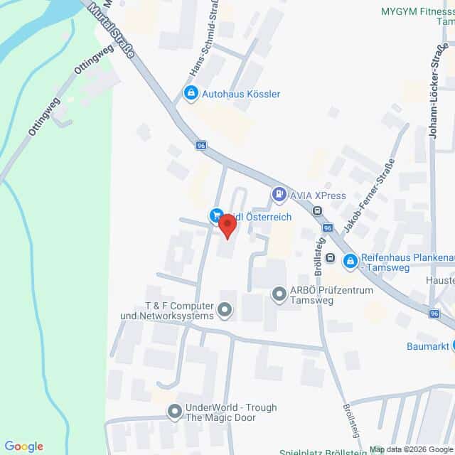Lehrlingsportal.at Karte, die einen Ausschnitt aus Tamsweg (Österreich) mit Straßen, Geschäften und einer Markierung in der Nähe von „Lidl Österreich“ in der Mitte zeigt.