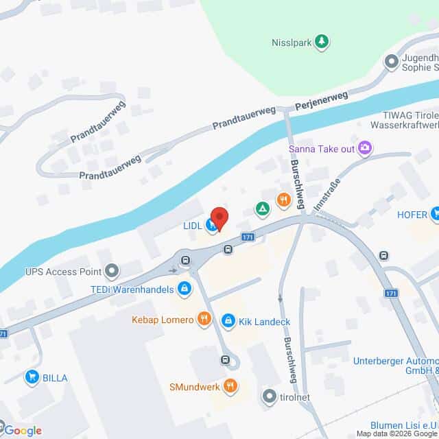 Lehrlingsportal.at Karte, auf der der Standort einer LIDL-Filiale in der Nähe des Burschlwegs und der Bundesstraße 171 am Flussufer dargestellt ist, wobei nahegelegene Geschäfte und Straßen beschriftet sind.