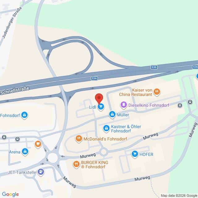 Lehrlingsportal.at Karte eines Gewerbegebiets in Fohnsdorf, Österreich, mit den Standorten von Lidl, McDonald’s, Burger King und Hofer sowie den umliegenden Straßen, darunter die Schnellstraße und der Murweg.