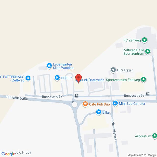 Lehrlingsportal.at Karte, die einen Abschnitt der Bundesstraße in Zeltweg, Österreich, zeigt, mit Markierungen für Lidl Österreich, HOFER sowie nahegelegene Geschäfte und Straßen.