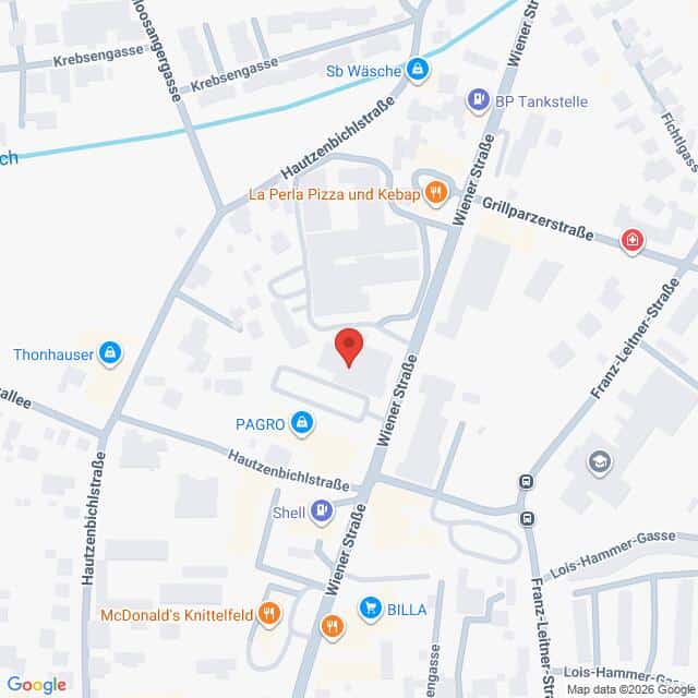 Lehrlingsportal.at Karte mit einem markierten Standort in der Nähe der Wiener Straße in Knittelfeld, Österreich, sowie umliegenden Geschäften wie McDonald’s, BILLA, PAGRO, Shell sowie „La Perla Pizza und Kebab“.